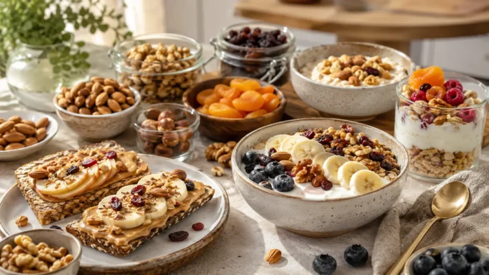 platos con diferentes frutos secos y frutas deshidratadas