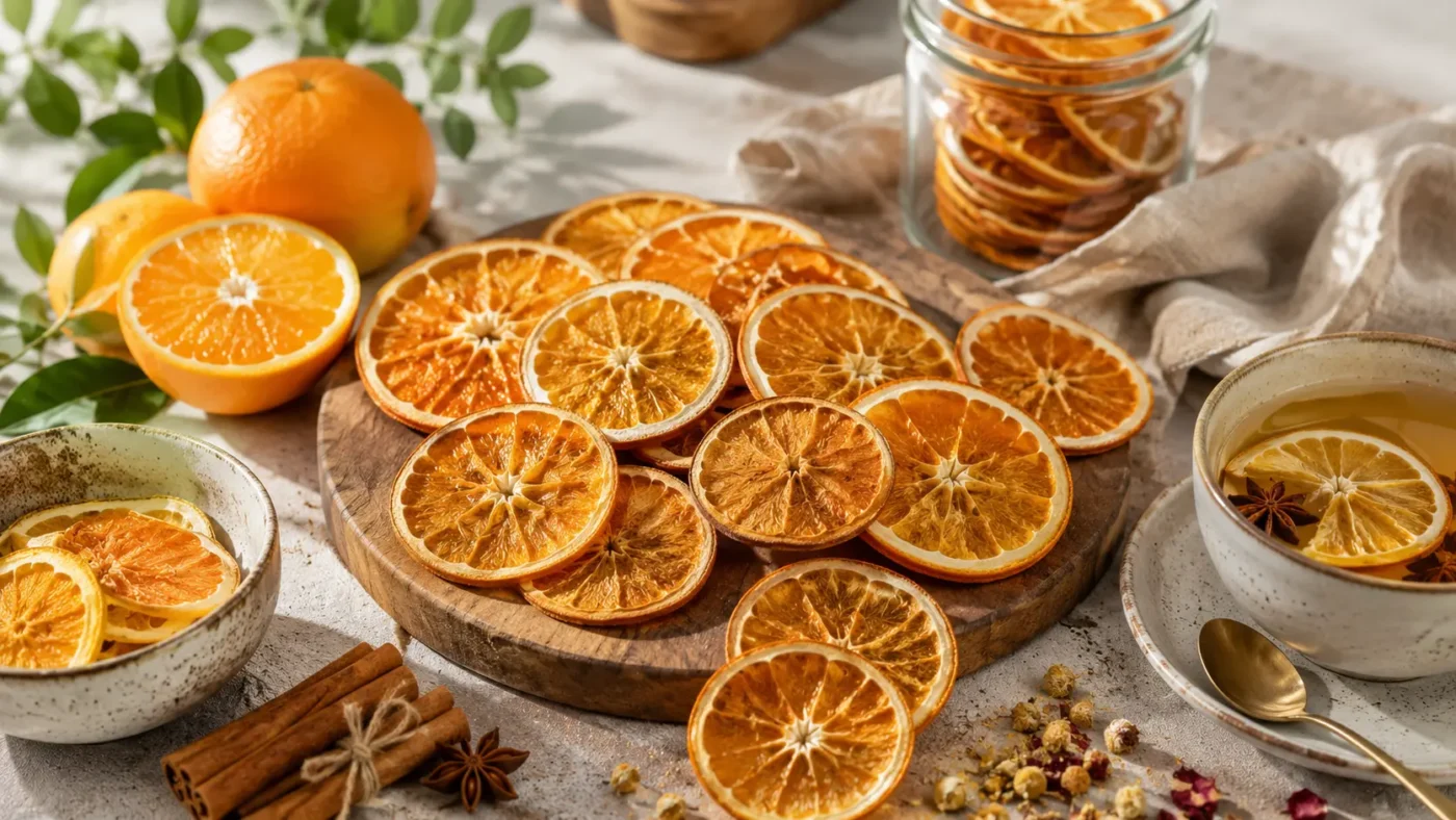 rodajas de naranja deshidratada encima de un plato