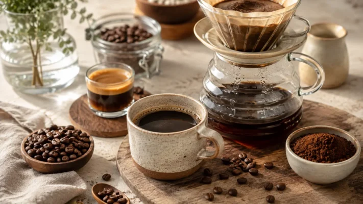 Cafetera acompañada de varias tazas de café, con granos y café molido dispuestos sobre una mesa.