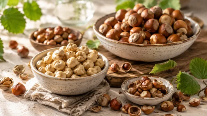 Avellanas con cáscara y peladas, dispuestas sobre varios platos.