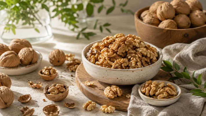 nueces con cáscara y peladas dispuestos en platos
